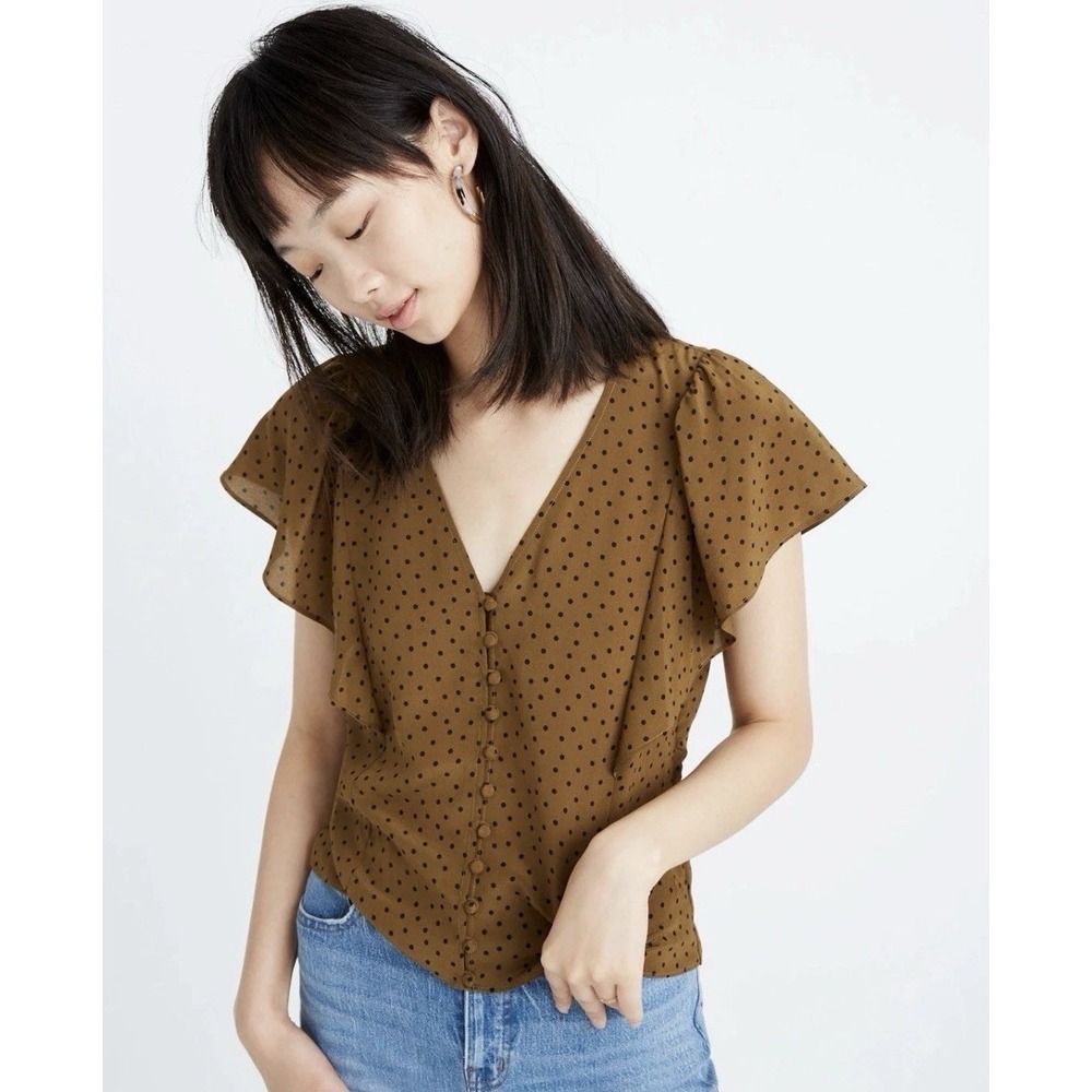 Madewell Carmelina Flutter Sleeve Polka Dot Blouse 100% Silk Size 10‎